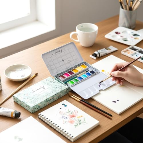 Watercolor Paint Set, 12 Colors Half Pans with Brush, Travel Portable Metal Tin Palette for Adults and Artists (Common colors) - color: Common colors