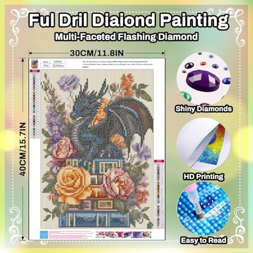Dragon Diamond Painting Kits for Adults Book Diamond Art Kits for Adults | Dragon Gem Art Kits for Adult for Gift Home Wall Decor 12x16 Inch - color: G9595