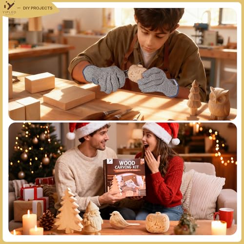 Wood Carving Kit for Beginners, Wood Carving Tools with 3Pcs Whittling Knife 7Pcs Basswood Carving Blocks, Grade 5 Anti Cutting Gloves, Leather Strop, Polishing Compound, Entry-Level Carving Gift Set