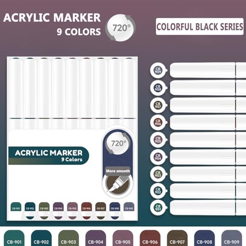 Water Based Acrylic Paint Markers Black, 9 Colors Paint Pen Set - color: Colorful Black Series