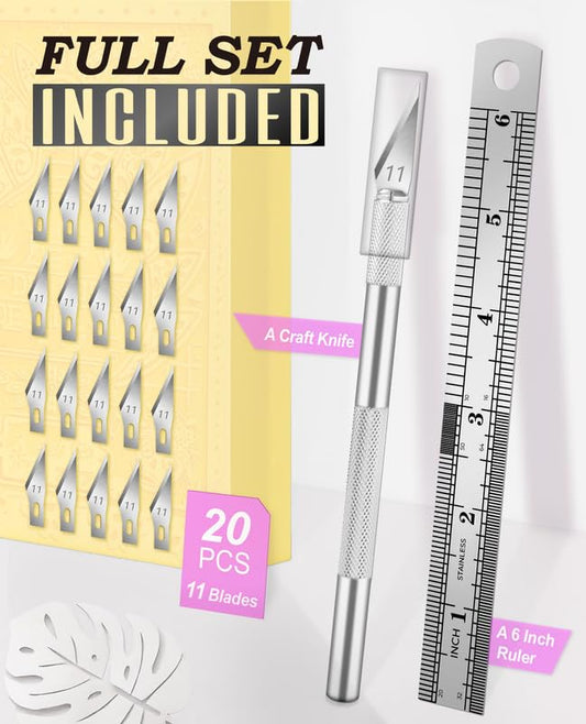 DIYSELF Exacto Knife Set with 20#11 Blades, Aluminum Handle, 6-Inch Ruler | Exacto Knife Kit for DIY, Art & Model Making, Hobby Knife Set for Crafters & Hobbyists, Aluminum Handle, Silver - color: Silver-20