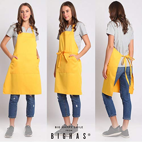 BIGHAS Adjustable Bib Apron with Long Ties for Women Men 18 Colors Chef Kitchen Cooking - color: Yellow