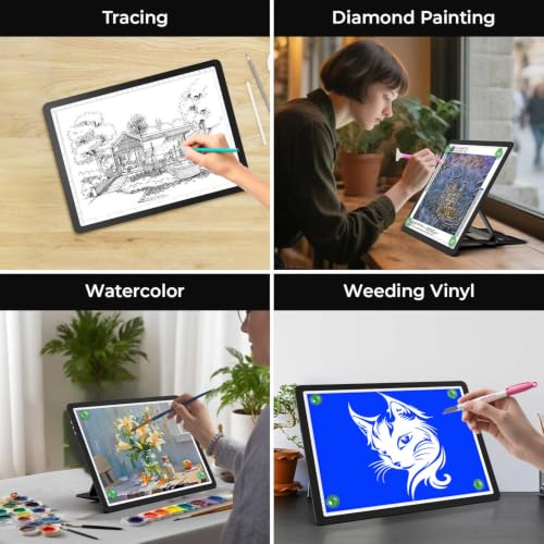 Zocelight Rechargeable A4 Light Pad with Built-in Stand,Super Bright Magnetic Light Table with Physical Buttons,Wireless Light Box for Tracing, Light Board for Diamond Painting,Sketching Weeding Vinyl - size: A4 with Stand
