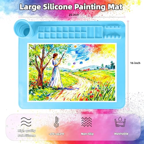 Silicone Painting Mat, 20"X16" Craft Mat,Large Art Mat Clay Mats | Paintbrush Holder, Nonslip Color Dividers Silicone Mats with Built in Cup for Painting, Table, Resin and DIY Blue - color: Blue