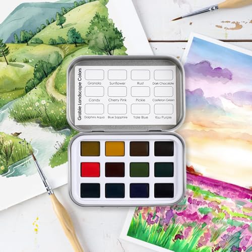 Grabie 12 Color Travel Watercolor Paint Set, Pocket Palette, Landscape | 12 Landscape Watercolor Colors, Pocket Compact Watercolor Palette For Sketching & Painting, Beginner-Friendly Paint Set - color: 12 Colors - Landscape
