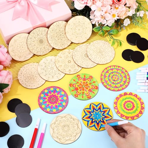 Cinnvoice 104 Pcs Wooden Mandala Magnet DIY Mandala Fridge Magnet Craft Painting Kit Included 40 Unfinish Wood Cutout 24 Colored Pen 40 Self Adhesive Magnets for Refrigerator Decor(Classic) - style: Classic