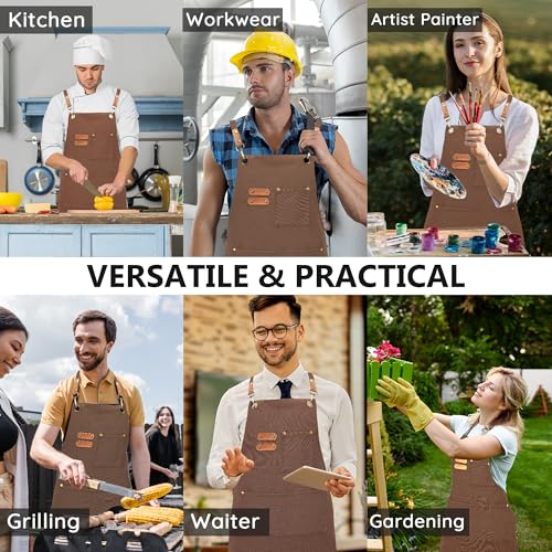 Chef Canvas Aprons with 3 Large Pockets Adjustable Strap for Men Women - color: Brown