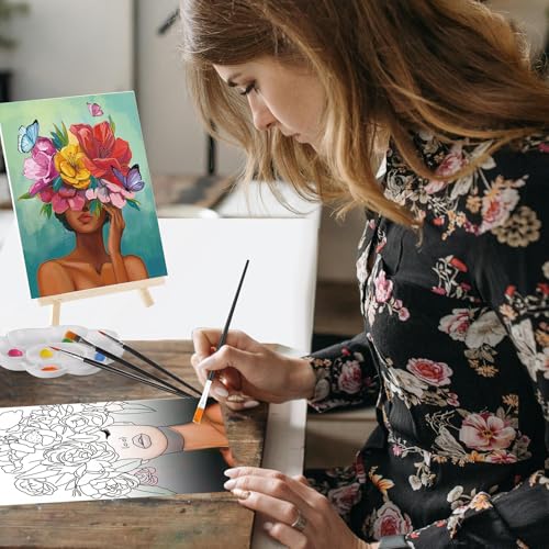 Cholemy 36 Pcs Paint and Sip Kit Gift for Adults 8''x10'',Flower Lady | Pre Drawn Canvas, Painting DIY Afro Acrylic Painting Kit, Wood Easel Brushes, Date Night Bulk, Summer Halloween Party - style: Flower Lady