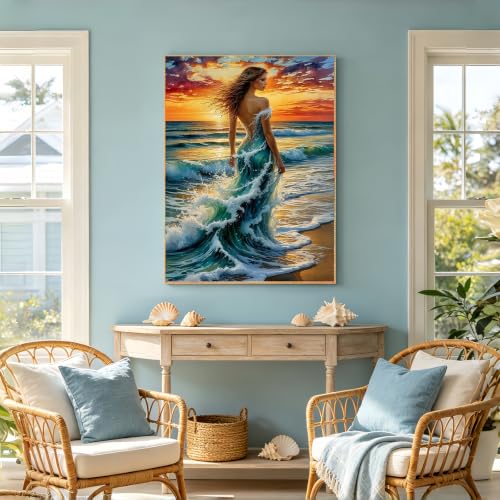 5D Ocean Wave Woman Diamond Art kits for Adults Beginners 12x16inch | Fantasy Beach Sunset Lady Diamond Painting Kit, DIY Full Round Drill Paint by Diamonds Dot Gem Art for Adult, Home Wall Decor - color: KM1073-1