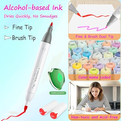 Caliart 51 Colors Brush Tip Alcohol Markers Brush & Fine Coloring Markers - style: Fine & Brush