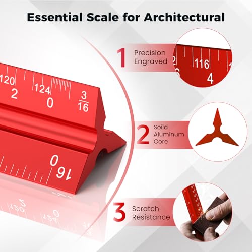 Rena Chris Architectural Scale - 12" Aluminum Triangular Scale Ruler (Red) - color: Red