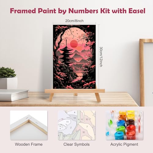 MOGTAA Cherry Blossom Paint by Numbers Kit for Adults Beginners with Frame, Mountain Landscape Adult Paint by Number Kits on Canvas with Easel, Easy DIY Oil Painting Kits for Home Decor, 8x12in - color: Cherry Blossom