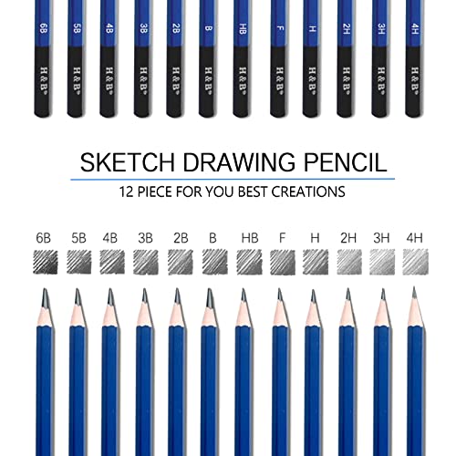 H & B 12 PCS Pencil Drawing Kit, H-4H, F, HB, B-6B Graphite and Charcoal Sketch Pencil Set for Beginners, Professional Artists - size: 12 Count (Pack of 1)