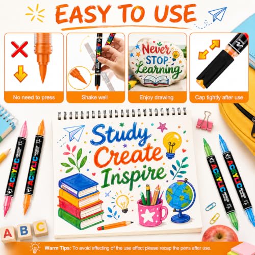 168 Colors Dual Tip Acrylic Paint Markers, for Rock Wood Glass Canvas Egg | Dual Tip 0.5-5mm Brush + 1mm Fine, Water-based Non-toxic Quick-Dry Acrylic Brush Markers, for Rock Wood Fabric Glass Canvas
