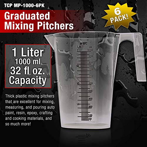 TCP Global 1 Liter (1000ml) Plastic Graduated Measuring and Mixing Pitcher (Pack of 6) - Holds Over 1 Quart (32oz) - Pouring Cups, Measure & Mix Paint, Resin, Epoxy, Kitchen Cooking Baking Ingredients - size: 1000ml