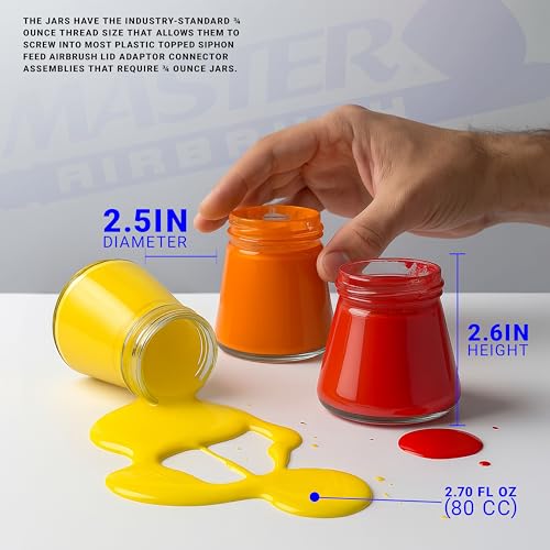 Master Airbrush (Pack of 10) TB-010 Empty 2.7-Ounce (80cc) Glass Jar Bottles with 30° Down Angle Adaptor Lid Assembly - Fits Dual-Action Siphon Feed Airbrushes, Use with Master, Badger, Paasche, Iwata - size: 2.7oz - Glass - 30°