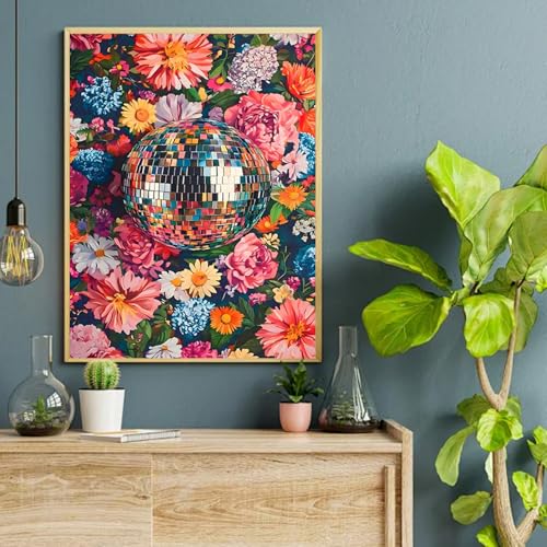 AIBOERL Diamond Art Kits for Adults,Disco Ball Diamond Painting Wall Decor | Round Drill Flower Diamond Painting for Beginners DIY Rhinestone 5D Diamond dots(Gemstone Craft)Wall Art Gift 12x16IN - color: DP02201