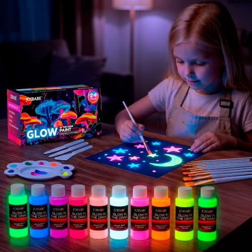 Glow in the Dark Acrylic Paint Set, 24 Pack, 10 Colors | 60ml Large Bottles, 10 Brushes, Palette & 3 Spatulas, Luminous Neon Paint Kit, For Canvas Wood Ceramic Wall DIY Crafts