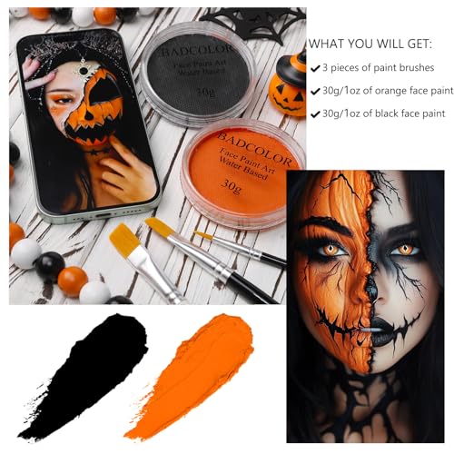Black Orange Face Body Paint with Brushes for Pumpkin Halloween Makeup, Water Based Face Painting Kit Non-Toxic for Kids Adults Party, Facepaint for Scarecrow Clown Tiger Lion Costume Cosplay Make-Up - color: Black+Orange+3Pcs Brushes