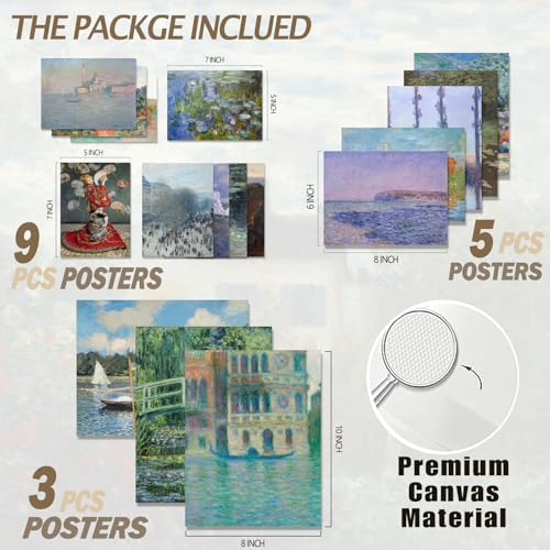 KBKBART 17pcs Claude Monet Eclectic Home Decor Aesthetic - Eclectic Art Prints Wall Decor, Canvas Impressionist Posters, Water Lilies Gallery Wall Art Set, Unique Famous Artist Paintings Pictures (Unframed) - color: Monet Waterlily Art