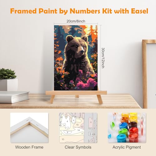 MOGTAA Bear Paint by Numbers Kit for Adults Beginners with Frame, Flowers Adult Paint by Number Kits on Canvas with Easel, Easy DIY Oil Painting Kits for Home Decor, 8x12in - color: Bear