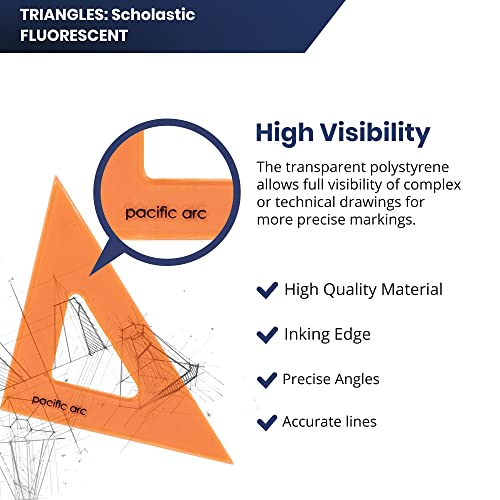 Pacific Arc's Scholastic Triangle - 12 inch - Fluorescent - 45/90 Angle - Polystyrene - Inking Edge - Technical Drawing Tools, Drafting, Architect and Engineering. - style: 12 inch, 45/90