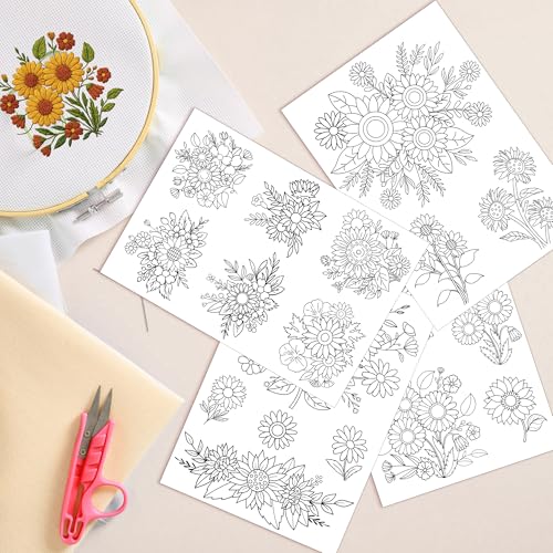 Water Soluble Stabilizer Embroidery Pattern - Sunflower Letter Stick & Stitch Embroidery Paper Wash Away, Flower Hand Sewing Patterns for T-Shirt Bag Towel (4 Sheets) - style: Flower130
