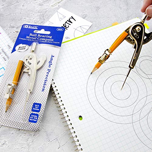 BAZIC Metal Ball Bearing Compass w/ #2 HB Wood Pencil, Nickel Plated Compass for Precision Geometry Math Drafting, Great for Student Designer Mathematician Carpenter Office & School, 1-Pack | #2 wood pencil that draws clean circles and arcs for geometry,