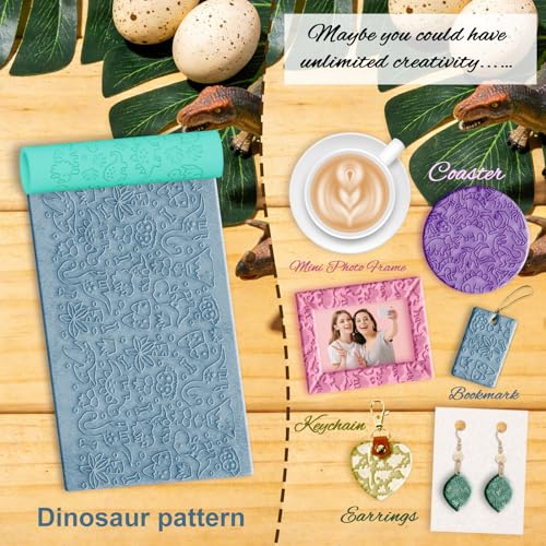 ACRNIGHEET 5 Pcs Polymer Clay Texture Roller, Dinosaur Themed Embossing Rollers Pottery Stamp, Like Texture Sheets Work with Polymer Clay Cutters, Clays Jewelry Making Kit with Storage Box - color: Dinosaur