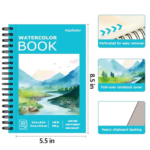 Hapikalor 5.5"x8.5" Watercolor Paper, Small Sketchbook for Kids, 30 Sheets | Spiral Bound, Water Color Paper, 140lb/300gsm Watercolor Paper, Watercolor Notebook, Watercolor Journal, Sketch Pad, Teal - color: Teal, size: 5.5"x8.5" Spiral Bound