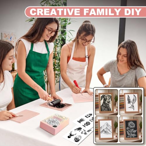 Rubber Linoleum Blocks for Printmaking, 6pcs Linocut Blocks with 8 Stencils and 10 Transfer Papers, Linocut Kit for Printing and Stamp Making DIY Art Craft