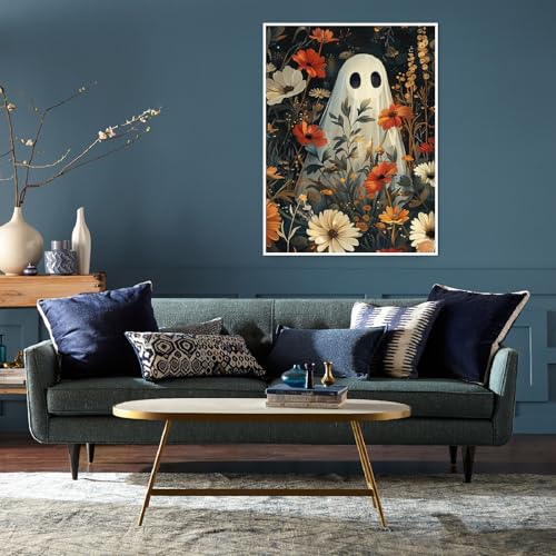 Eiazuiks Halloween Stamping Cross Stitch Kit, Ghost and Flowers Halloween Counting Cross Stitch Kit for Adult Beginners, Full Line DIY Stitching Kit for Home Decor Cross Stitch Patterns 12x16 inches - color: Ghost and Flowers