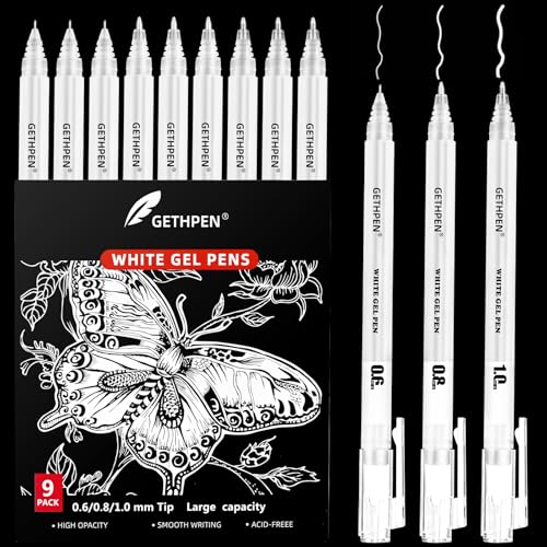 GETHPEN 9 Pack White Gel Pens, 0.6/0.8/1.0mm Fine Opaque Archival Ink Pens - size: 1 Count (Pack of 9), style: 9 Pack White