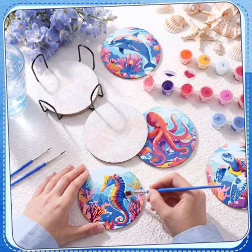 Reallnaive 8 Pcs Ocean Paint by Numbers Kit for Adults Wood Coastal Coaster | Mini Paint by Numbers, Tiny Marine Animal Round Oil Painting Drink Coaster with Holder, for Small DIY Craft Pink Blue Gift - style: Ocean