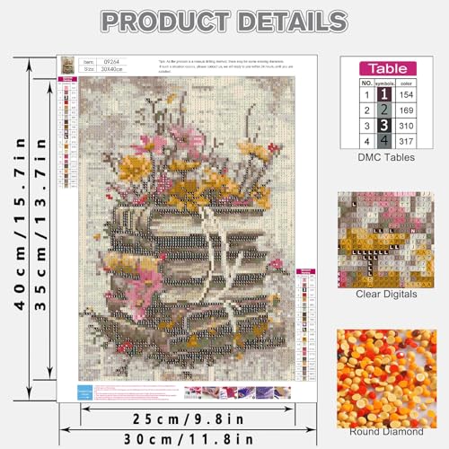 askkqtx Vintage Books Diamond Art Kits for Adults 12x16 Inch | Flowers Diamond Painting Kits for Beginners, DIY 5D Round Full Drill Crystal Rhinestone Dots Gem Art Craft Home Decor - color: G9264