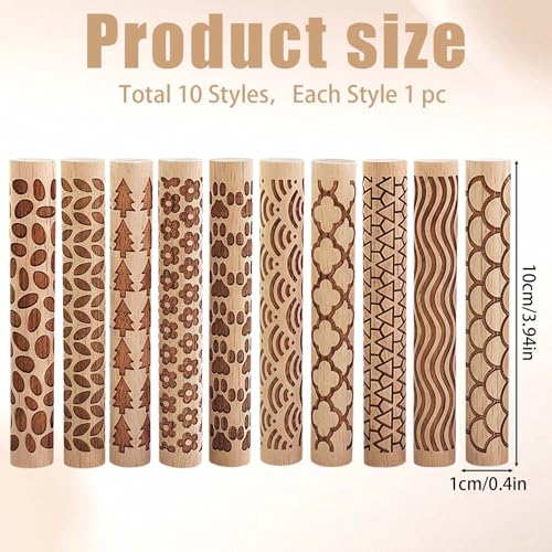 10 PCS Wooden Clay Texture Rollers Set, 100mm Pottery Pattern Rolling Pins with 10 Unique Designs, Ceramic and Polymer Clay Stamp Roller Tools for Studio Craft, Sculpting & Handmade Art Projects(A+B) - color: A+B
