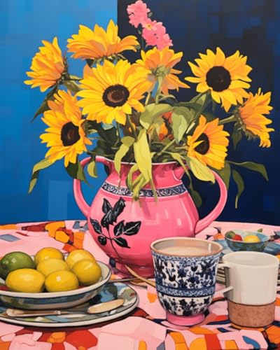 Tucocoo Bright Pink Vase Pot DIY Paint by Numbers for Adults Sunflowers Cherry Blossoms DIY Oil Painting Acrylic Paint Art Painting Kits Canvas with Acrylic Paint 16x20 Inch(DIY Frame ) - color: Floral Vase 06, size: 16''x20''(DIY Frame)
