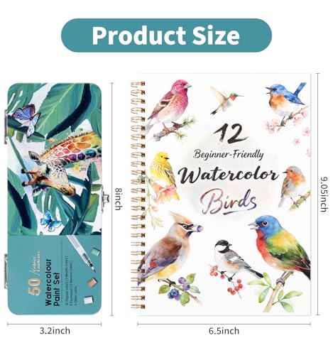Watercolor Workbook with 12 Bird Patterns, 50 Colors Watercolor Paint Set | Water Coloring Book, Beginner-Friendly Watercolor Workbooks for Creative Exploration Gift for Adults - color: Birds