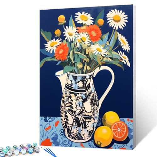 Paint by Number Flowers in a Floral Vase DIY Cute Painting on Canvas with Brushes Acrylic Paints Blue Background Paint by Numbers for Adults and Kids Student Beginner 16x20 Inch(without Frame) - color: Floral Vase 01, size: 16''x20''(Frameless)