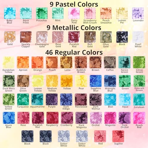 LET'S RESIN 64pcs Alcohol Ink Set, 9 Pastel and 9 Metallic Colors