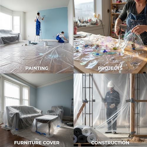 12 x 9 Ft Drop Cloths (24-Pack) – Plastic Sheeting & Painters Plastic Tarps for Painting, Waterproof Floor & Furniture Protection - size: 24 Pack