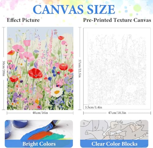 ZRIZQ Flowers Paint by Numbers Kit for Adults Beginner,Wildflowers, 16x20 | Full set with wooden brushes,rolled canvas,rich paints.Calming activity.Beginner friendly.Just open and paint. - color: 16"X20"Rolled Canvas-Wildflowers