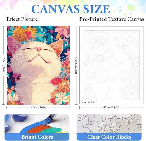 ZRIZQ Paint by Numbers Kit for Adults Beginner,Cat Sleeping Flowers,16x20 | Full set with wooden brushes,rolled canvas,rich paints.Calming activity.Beginner friendly.Just open and paint. - color: 16"X20"Rolled Canvas(Frameless)-Cat 17