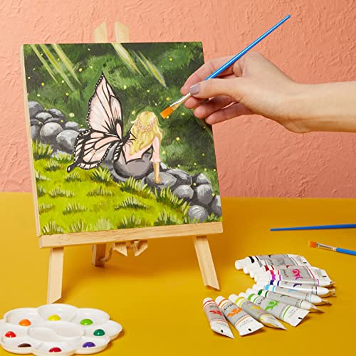 18-Piece 8x8-Inch Wooden Canvas Painting Set, 2 Natural Wood Panel Paint Boards with 12 Acrylic Paint Tubes, 3 Brushes, and 1 Plastic Palette for Crafting and Art Supplies