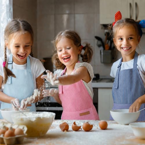 3 Pack Stripes Kids Apron, Adjustable Kids Cooking Aprons with 2 Pockets, Cute Chef Baking Aprons for Boys and Girls - color: Light Blue + Dark Blue + Rose Red, size: 55x65cm