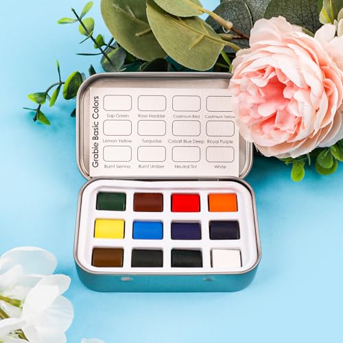 Grabie 12 Color Travel Watercolor Paint Set, Pocket Palette, Essential | 12 Essential Watercolor Colors, Pocket Compact Watercolor Palette For Sketching & Painting, Beginner-Friendly Paint Set - color: 12 Colors - Essential