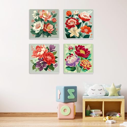 MXJSUA 4 Pack Peony Flowers Framed Paint by Numbers Kit with Canvas for Adults Beginner, DIY Acrylic Oil Painting Kits with Brushes for Home Wall Decor Gift (8x8 inch) - color: Peony Flowers