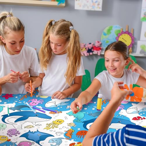 Giant Under The Sea Party Coloring Tablecloth for Kids - Huge Ocean Animals Theme Table Cover Large Under The Sea Shark Painting Poster for Children Birthday Party Supplies 54x108 Inch - color: Ocean