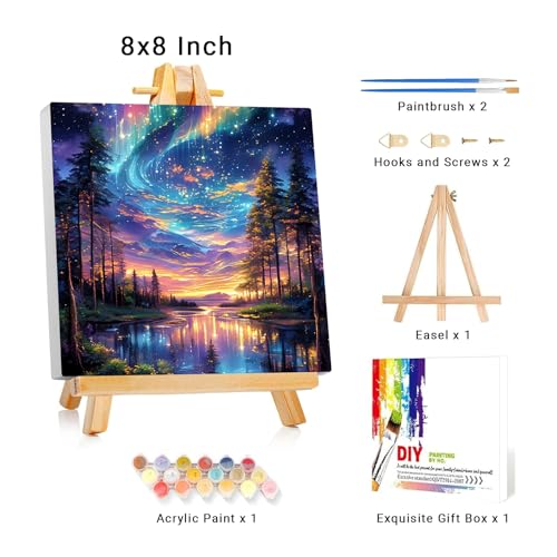 Framed Paint by Numbers Kit for Adults Beginner Kids Ages 8-12 Starry Night Adult Paint by Number Kits on Canvas with Easel Landscape Painting by Numbers for Adults with Frame DIY Painting Kits 8x8 In - color: NZB30, size: 8x8 Inch