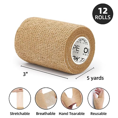 OK TAPE Self Adherent Cohesive Bandages Wrap 12Packs 3" x 5 Yards - color: Beige/Tan, size: 3 In x 5 Yards